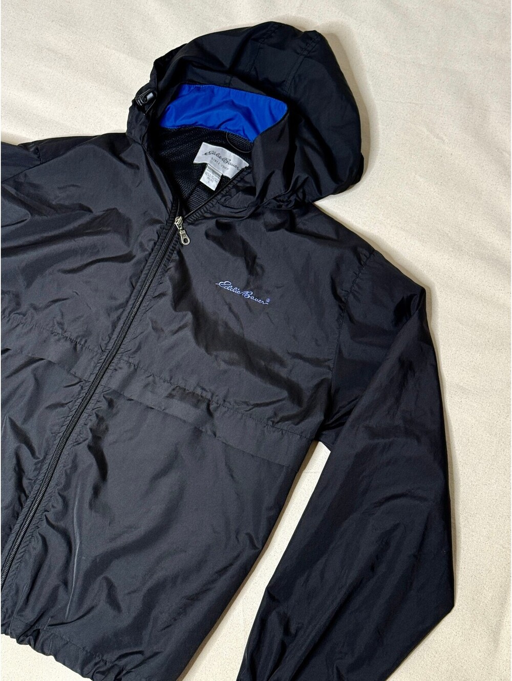 Eddie Bauer Men’s L Black Hooded Windbreaker Rain Jacket Mesh Lined Blue